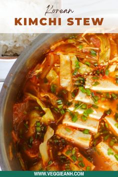 a pan filled with tofu and vegetables next to rice on the side text overlay reads, learn korean kimchi stew