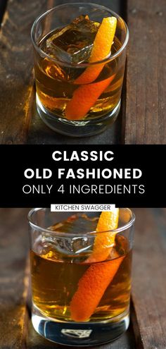 an old fashioned cocktail with orange peels in it and the words how to make an old fashioned cocktail the right way