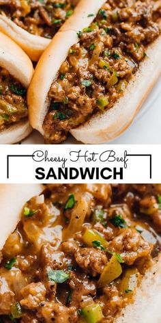 two hot dogs on buns covered in meat and vegetables, with text overlay that reads cheesy hot dog sandwich