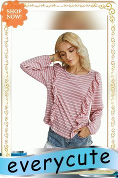 Pink Stripped Ruffles Hem Long Sleeve Tops Striped Long Sleeve Top With Ruffles, Spring Striped Ruffle Tops, Spring Striped Ruffled Tops, Trendy Striped Tops With Ruffles, Tops Long Sleeve, Women Tops, Ruffle Hem, Ruffles, Long Sleeve Tops