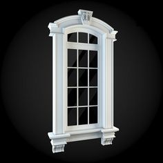 an open window on a black background with white trimmings and decorative moldings