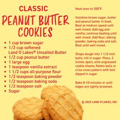 a recipe for peanut butter cookies on a yellow background