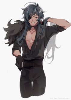 an anime character with long hair and black pants