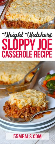 the recipe for sloppy joe casserole is shown in two different pictures, one with meat and cheese on top