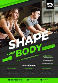 a flyer for a gym class with two people on exercise bikes and the words shape your body