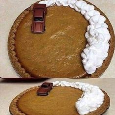 two pictures of a pumpkin pie with white frosting and a car on the top