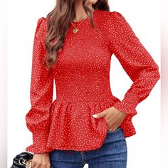 Beautiful. Comfortable And Flattering. Never Worn. Mint Condition. Bundle And Save 30% Off 3+ Items!!! Ships Out Next Business Day! Casual Polka Dot Puff Sleeve Tops, Red Puff Sleeve Blouse With Ruffles, Red Fitted Peplum Top, Fitted Red Peplum Top, Casual Polka Dot Puff Sleeve Blouse, Casual Polka Dot Blouse With Puff Sleeves, Red Casual Tops With Ruffle Hem, Red Puff Sleeve Top With Ruffles, Casual Red Tops With Ruffle Hem