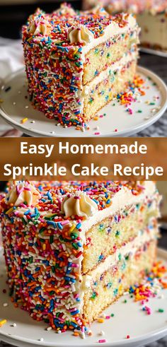 two slices of cake with sprinkles on them and the words, easy homemade sprinkle cake recipe