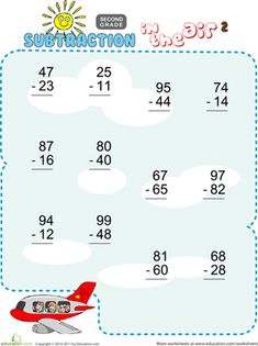 subtraction worksheet for kids with numbers and airplane in the sky,