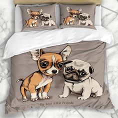 a bed with two dogs on it and the words best little friends printed on them