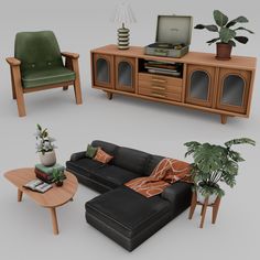 three different types of living room furniture including a couch, coffee table and television set