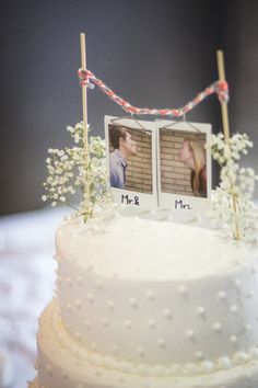 a wedding cake with two pictures on it