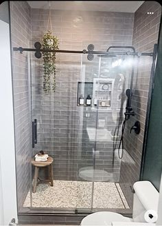 a walk in shower sitting next to a toilet