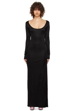 TOM FORD: Black Low Back Maxi Dress | SSENSE Evening Bodycon Dress With Scoop Neck, Elegant Scoop Neck Bodycon Dress For Evenings, Elastane Scoop Neck Dresses For Night Out, Scoop Neck Elastane Dresses For Night Out, Elegant Scoop Neck Maxi Dress For Party, Ford Black, Warm Dresses, Low Back, Jersey Dress