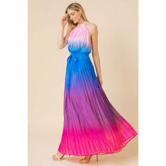 Semi-sheer pleated maxi dress with ankle-length lining features a vibrant ombré multicolored wash, high banded neckline, elasticized waist, open back, back button loop closure, removable self-tie sash, woven lining, and a flowy silhouette. Details - Self: 100% polyester Lining: 100% polyester Affordable Long Multicolor Dresses, Luxury Multicolor Maxi Dress For Daywear, Hi Low Ombre Dress, Luxury Multicolor Maxi Dress For Cocktail, Luxury Multicolor Maxi Dress For Festival, Cheap Multicolor Evening Dresses, Luxury Multicolor Floor-length Maxi Dress, Luxury Multicolor Summer Gown, Luxury Gradient Dresses For Spring