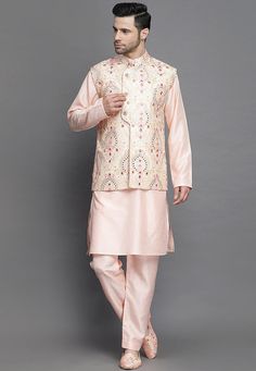 Art Silk Kurta in PeachThis Readymade attire is Enhanced with Mirror Effect and Resham Work. Crafted in Chinese Collar Neck and Full SleeveAvailable with an Art Silk Pajama in Peach and an Art Silk Nehru Jacket in PinkDo note: Brooch and Footwear shown in the image is for presentation purposes only. Half to one inch may vary in measurement. (Slight variation in actual color vs. image is possible) We sell all kinds of menswear. Mens Kurta | Mens Kurta Pajama | Mens Sherwani | Mens Sherwani Sets | Traditional Pink Bandhgala With Chikankari Embroidery, Pink Sherwani With Mirror Work For Festivals, Pink Mirror Work Sherwani For Festivals, Pink Bandhgala With Chikankari Embroidery For Festivals, Peach Long Sleeve Sets With Zari Work, Peach Kurta With Zari Work And Long Sleeves, Peach Kurta With Zari Work, Peach Long Sleeve Kurta With Zari Work, Long Sleeve Peach Kurta With Zari Work