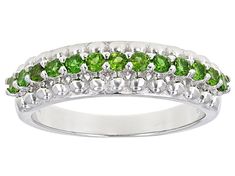 0.54ctw 2.0mm  Round Chrome Diopside Rhodium Over Sterling Silver Ring. Measures approximately 0.64"L x 0.22"W and is not sizeable. Green Round Diamond Ring With Channel Set, Green Stackable Diamond Ring With Round Cut, Green Diamond Stackable Ring, Green Diamond Stackable Ring With Round Cut, Green Multi-stone Stackable Rings For Anniversary, Green Stackable Rings With Accent Stones For May Birthstone, Green Chrome, Sterling Silver Ring, Silver Ring