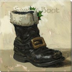 a painting of a boot with a christmas decoration