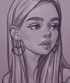 a pencil drawing of a girl with long hair and big earrings on her ear, looking to the side