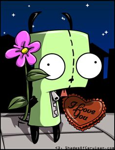 a cartoon character holding a flower in front of a heart shaped box with the words love you written on it