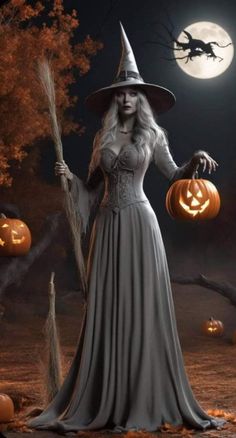 a woman dressed as a witch holding a broom and pumpkins in front of a full moon