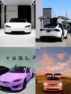 four different electric cars are shown in three separate pictures, one is purple and the other is white