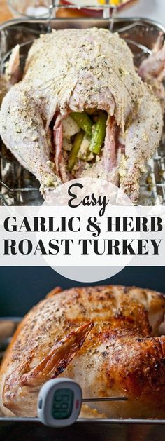 garlic and herb roast turkey on the grill with text overlay that reads easy garlic and herb roast turkey