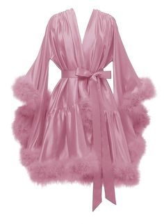 Mesh Robe With Fur, Silk Robe With Feathers, Fluffy Silk Robe, Silk Pjamamas, Dressing Gowns Robe, Fancy Robes With Fur, Silk Dressing Gown Aesthetic, Pink Silk Robe Aesthetic, Satin Robe Pattern