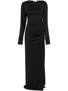 black stretch-jersey asymmetric neck concealed side zip fastening long sleeves split cuffs draped detailing ruched detailing side slit unlined straight hem floor-length Victoria Beckham Dress, Satin Dress Long, Maxi Jersey Dress, Victoria Dress, Satin Maxi Dress, Maxi Dress Green, Exclusive Fashion, White Maxi Dresses, Black Stretch