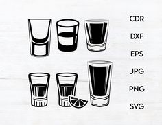 the different glasses are labeled in black and white, with each one being filled with liquid