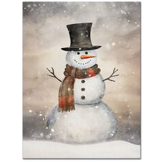 a painting of a snowman wearing a hat and scarf