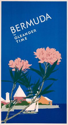 a poster with pink flowers in front of a blue sky and the words bermudia on it