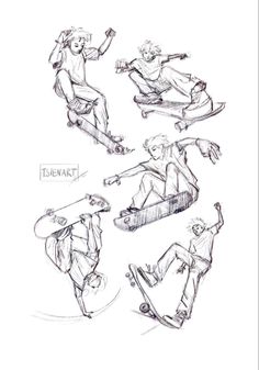 some sketches of skateboarders doing tricks on their boards, one is riding the board and