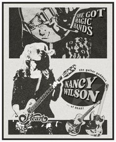 the poster for fancy wilson's show is shown in black and white, with an image of a woman holding a guitar