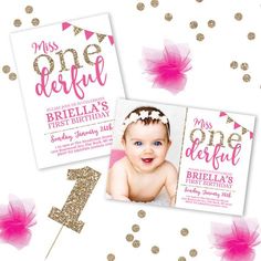 two pink and gold first birthday party cards with the number one on it, next to some