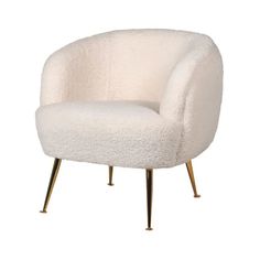 a white chair sitting on top of a wooden leg rest with metal legs and an upholstered seat