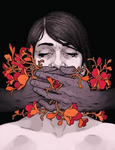 a woman covering her face with her hands and flowers around her neck, in front of a black background