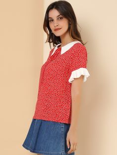 Shop Allegra K for Contrast Doll Collar Polka Dots Tops Short Sleeve Blouse you are looking for, get more women's Blouses for yourself. Order now! Free Returns！ Polka Dots Tops, Peter Pan Collar Shirt, White Wide Leg Pants, Doll Collar, Ruffle Fabric, Tops Short Sleeve, Polka Dot Shorts, Sleeves Blouse, Contrast Collar