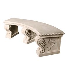 a white marble bench with ornate carvings on the front and back sides, against a white background