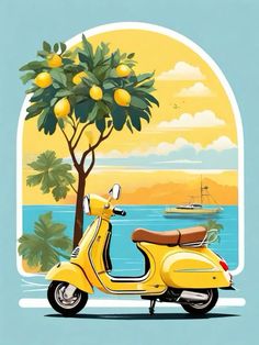 a yellow scooter parked in front of a tree with oranges on it