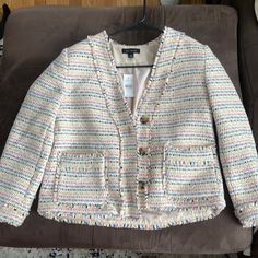 Ann Taylor Tweed Blazer Multicolor Stripes With Glitter Accents Nwt Multicolor Long Sleeve Tweed Jacket, Spring Pink Tweed Outerwear, Casual Tweed Blazer For Spring, Trendy Pink Tweed Outerwear, Pink Casual Tweed Jacket, Pink Casual Tweed Jacket For Work, Tweed Blazer, Suit Jackets, Blazer Suit