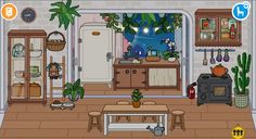 an animated living room with potted plants on the table and other items in pots