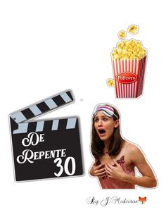 a woman with her mouth open next to a movie clapper and popcorn