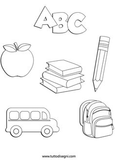 the alphabet worksheet with an apple, school bus and pencil on top of it