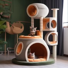 a cat sitting on top of a scratching tower