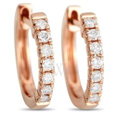 A minimalist 14K Rose Gold setting beautifully showcases sparkling diamonds totaling 0.25 carats on these elegant hoop earrings. Understated enough for any occasion, each one measures 0.50 x201D round. xD xD This jewelry piece is offered in brand new condition and includes a gift box. xD Gold Models, Diamond Hoop Earrings, Gold Set, Sparkle Diamonds, Metal Stamping, Types Of Metal, Jewelry Pieces, Gold Metal, Gift Box