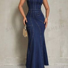 Denim Maxi Dress, Strapless. Mermaid Fit. Really Good Quality, Thick Denim Fabric. Great For A Denim And Diamonds Themed Evening. Never Worn But No Tags Vestido Short, Lace Dress Classy, Smart Casual Women Outfits, Vestidos Jeans, Muslim Outfits Casual, Desi Fashion Casual, Denim Maxi Dress, Elegant Dresses Classy, Denim Wear