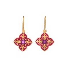 Ruby 14K Gold Vermeil Over Sterling Silver Art Deco Enameled Earring 925 Silver = 2.55 gm. Ruby = 0.50 ct. Ruby is the birthstone for July and is a symbol of energy, power and love. The beautiful earring measures to be 1.10 inches long including the wire and 0.65 inches wide at its maximum points. The earrings have been made by a team of highly trained and skilled artisans. What is Vermeil 14K Gold? It is a thick layer of 14K Gold plating on 925 Sterling Silver. If for any reason you are not com Yellow Gold Round Enamel Earrings, Enamel Drop Earrings For Anniversary, Traditional Polished Earrings As Gift, Traditional Polished Earrings For Gift, Red Enamel Jewelry With Gemstone, Fine Jewelry Yellow Gold Enamel Earrings, Red Gemstone Jewelry With Enamel, Traditional Yellow Gold Enamel Earrings, Yellow Gold Enamel Earrings For Pierced Ears