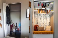 there are two pictures side by side, one with a window seat and the other with bookshelves