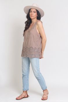 FINAL SALE Brand: Wishlist The Capri Top features an embroidered pattern, with crochet lace detail. ♡ Details Color: Mocha Unlined 100% Cotton Hand wash Sizing Model: Height 5'3"| Bust 32"| Waist 25"| Hips 33" Model is wearing a S/M Loose fit True to size STRETCH AMOUNT: Low MEASUREMENTS: S/M: Bust = 38" | Length = 25" M/L: Bust = 40" | Length = 25" Monochromatic Embroidery, Casual Fit, Casual Fits, Model Height, Crochet Lace, Lace Detail, Final Sale, Sleeveless Top, Capri